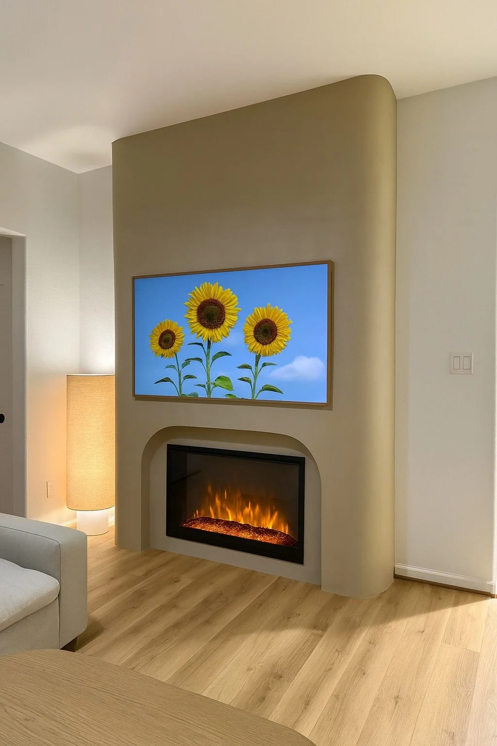 Living room with a modern fireplace beneath a wall-mounted TV displaying sunflowers against a blue sky background, beige walls, wooden floor, and a tall floor lamp.