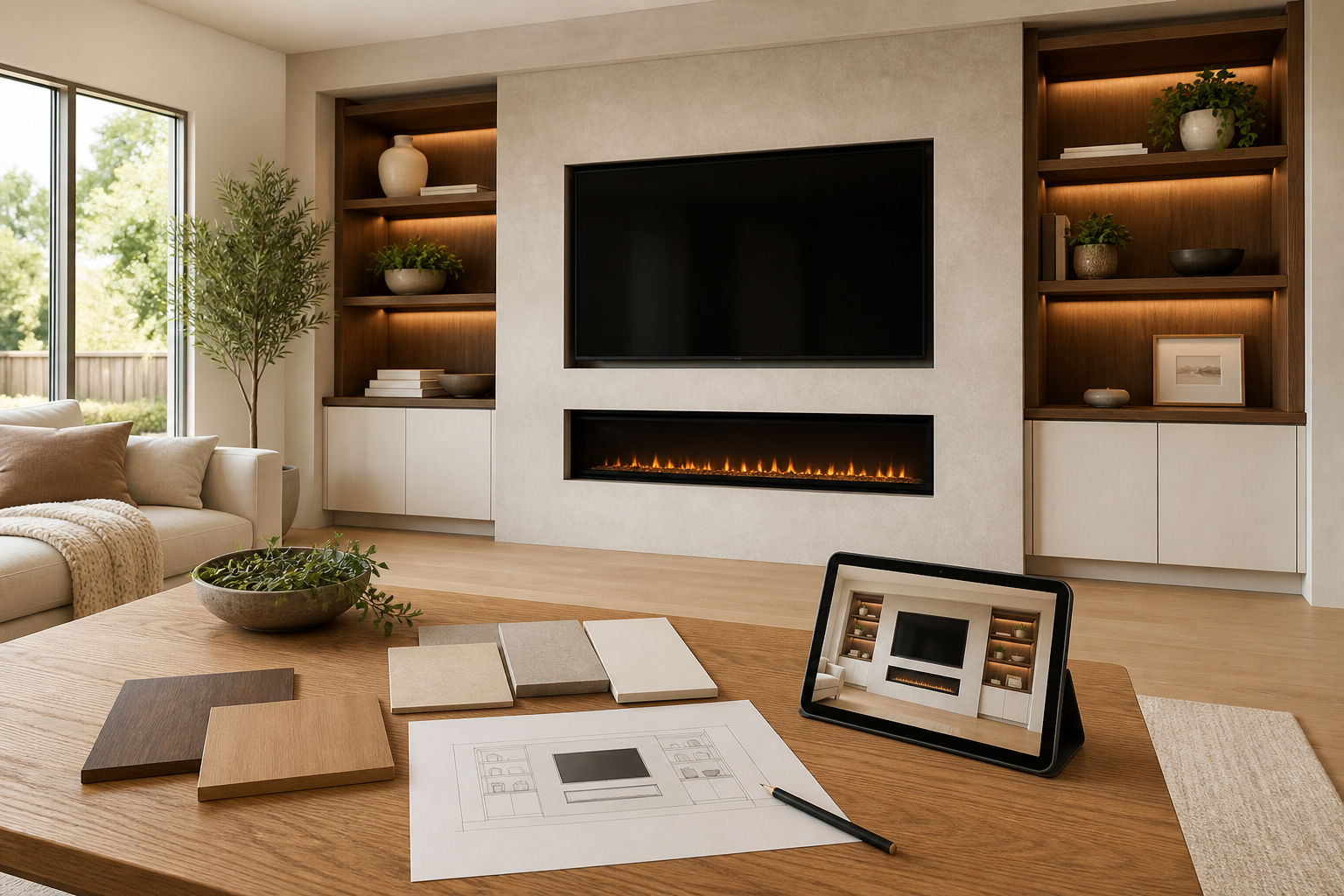 Media wall planning with finish samples, an architectural drawing, and a tablet beside a completed fireplace entertainment wall