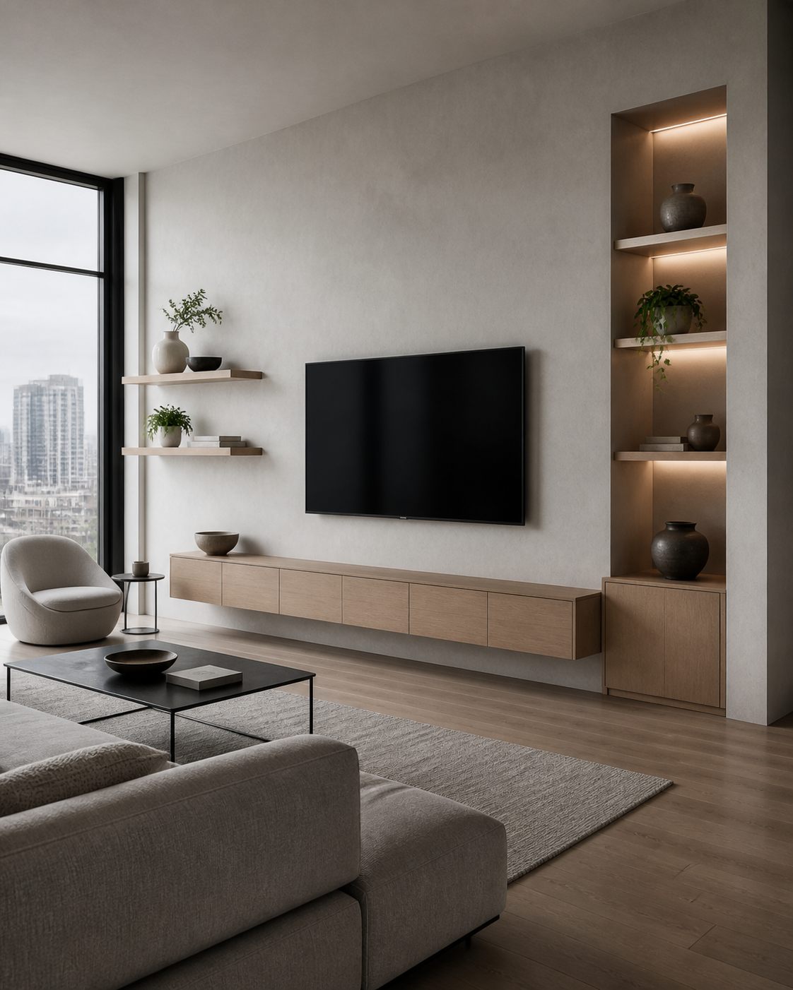 Minimalist living room with a wall-mounted flat-screen TV, floating wooden shelves with decorative pots and plants, a beige armchair, a black coffee table with bowls and books, and a beige sofa on a rug. Large window showing city skyline outside.