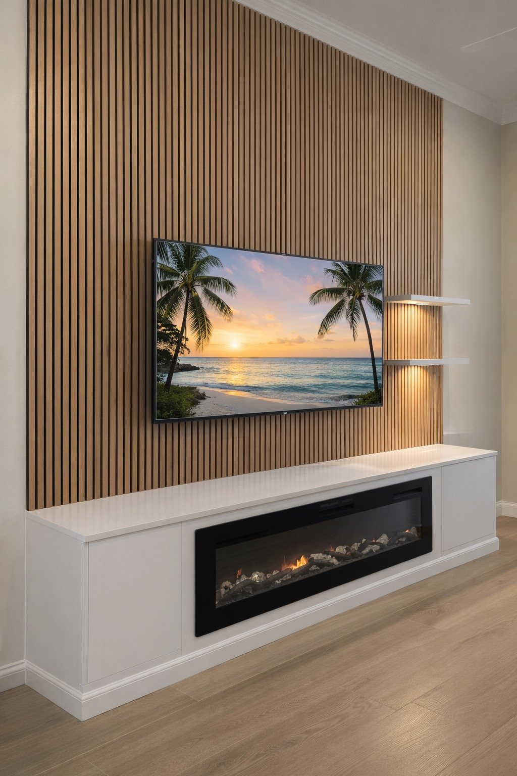 Living room with a flat-screen television showing a beach scene with palm trees, a sunset, and ocean, mounted on a wooden slat wall above a white cabinet with a modern electric fireplace.