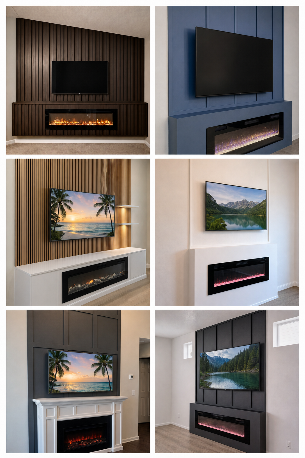 Collage of six living room setups, each with a mounted flat-screen TV above an electric fireplace with various styles and colors, including wood, navy, white, and black backgrounds.