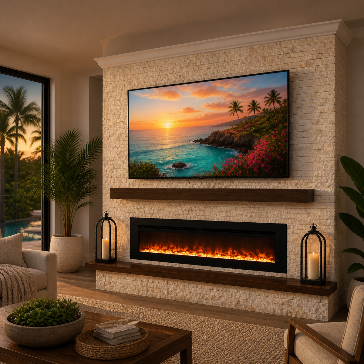 Ledger Stone Fireplace Media Wall in a warm Florida living room with a sunset TV display, walnut accents, and a glowing linear electric fireplace