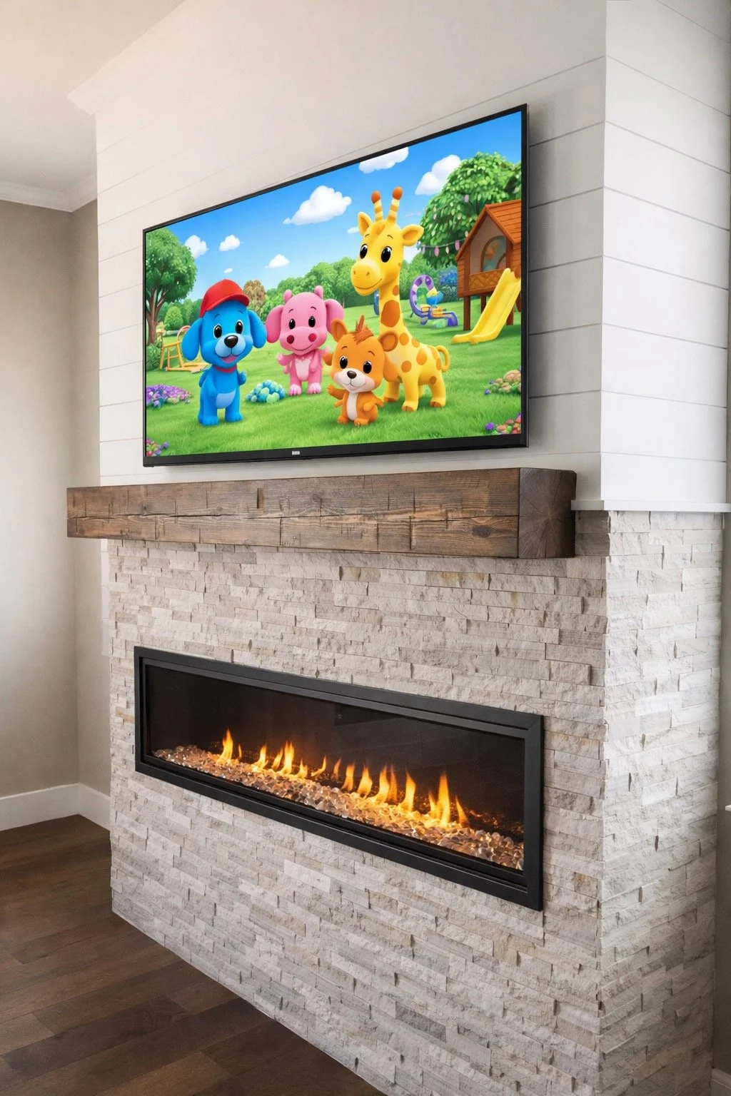 A living room fireplace with a TV mounted above it. The TV displays a cartoon scene with colorful animals, including a blue dog wearing a red hat, a pink pig, a small orange fox, and a tall giraffe, in a park setting with trees, flowers, and playgrou