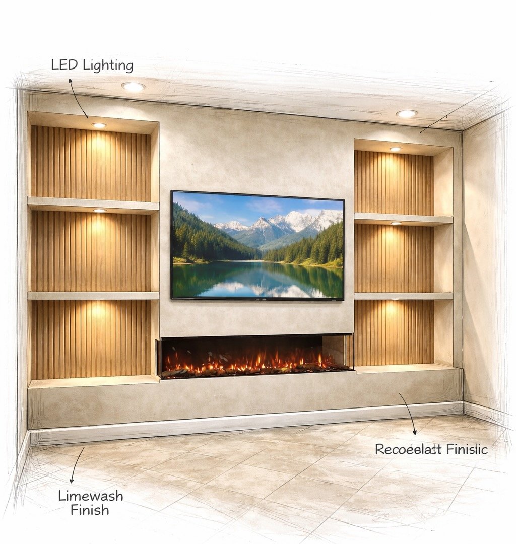 Architectural concept sketch of limewash entertainment center with three-sided fireplace and built-in shelves.