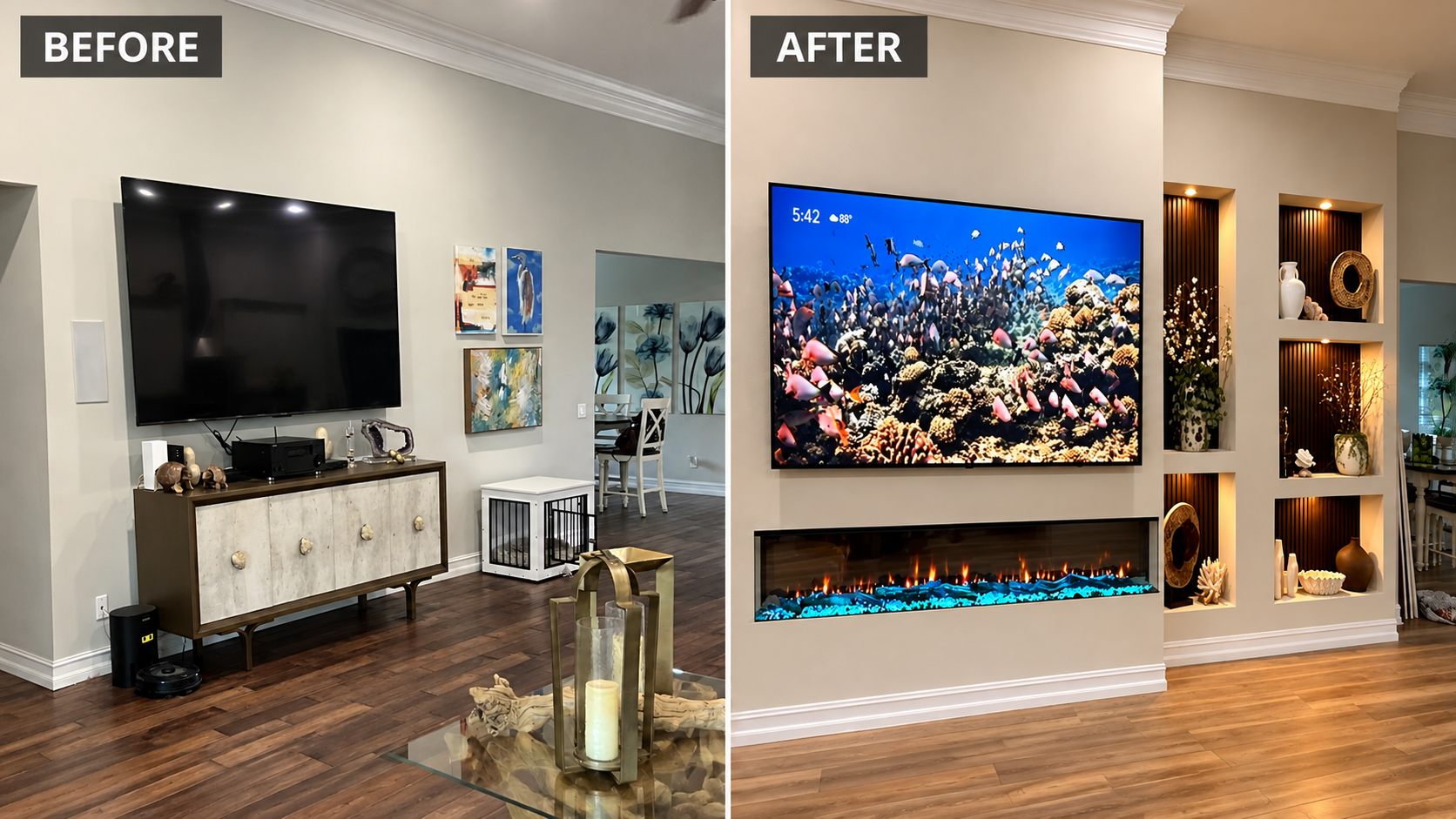 Before and after transformation of a Melbourne, Florida living room with a custom modern niche media wall, three-sided electric fireplace, and illuminated display niches