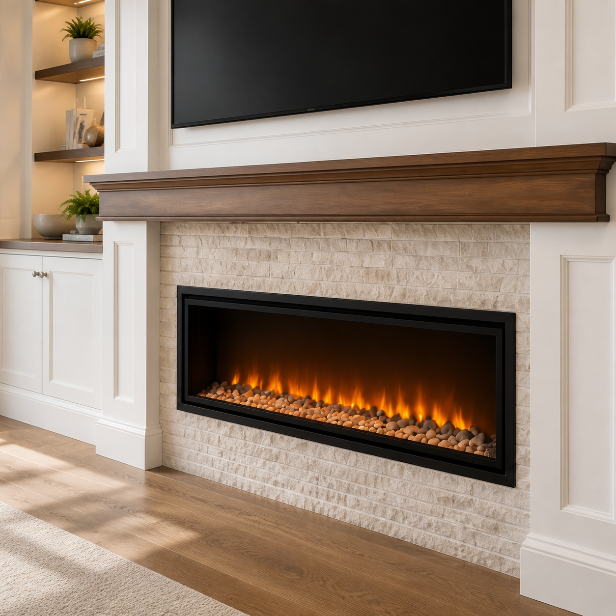 Electric fireplace with a substantial mantel and refined millwork in a classic built-in entertainment center