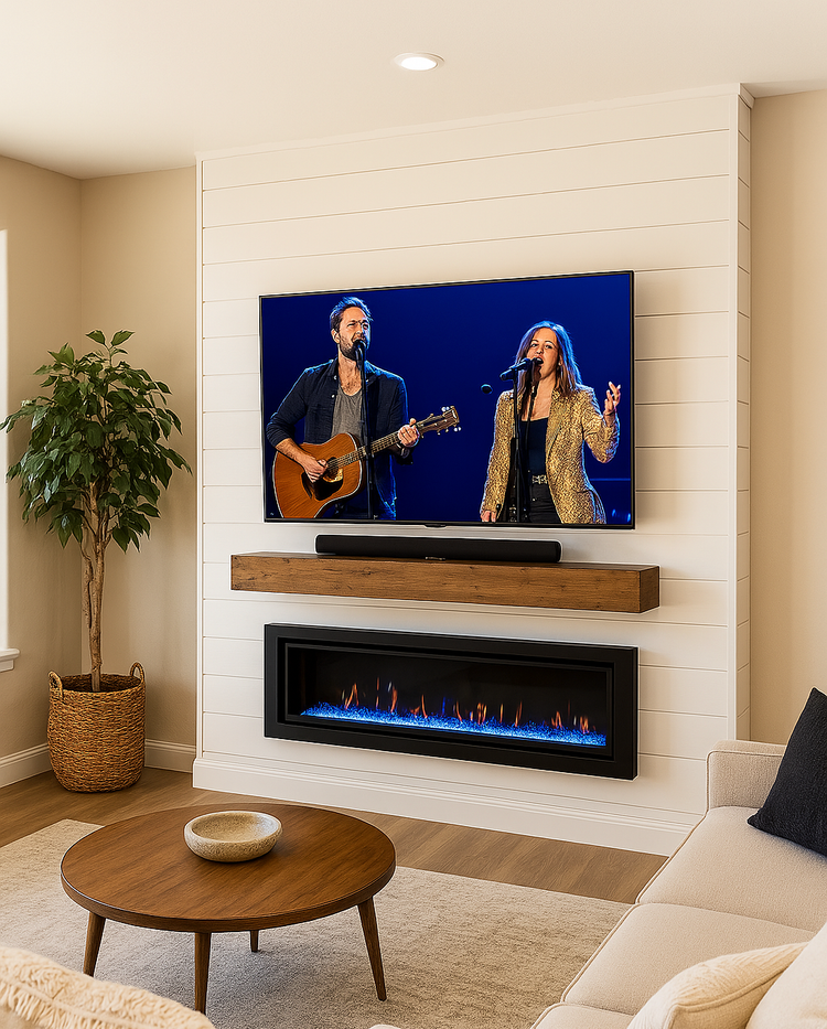 Shiplap Fireplace Built-Out Media Wall with Electric Fireplace and Wood Mantel.webp