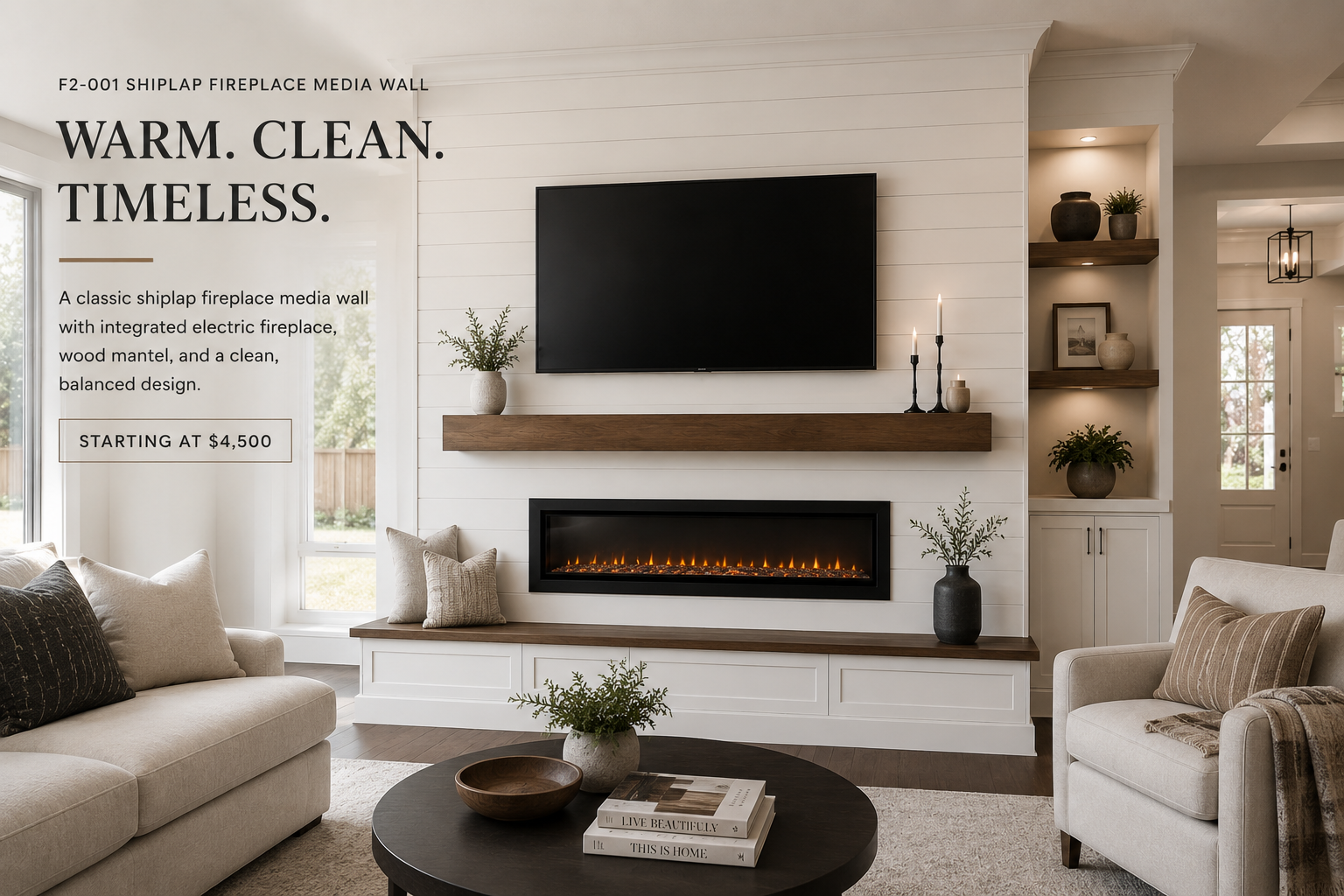 shiplap fireplace media wall in a Houston living room with mounted TV, electric fireplace, wood mantel, built-in bench, and open shelving