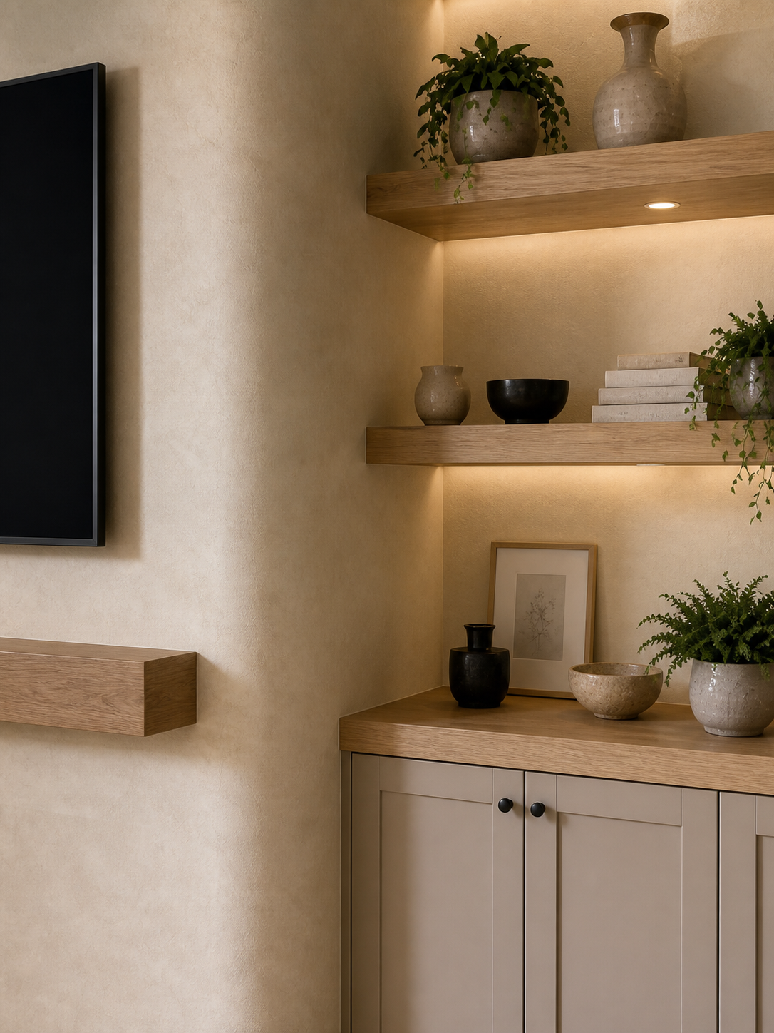 Living room corner with beige textured wall, wooden shelves holding various vases, bowls, framed artwork, and green potted plants, illuminated by warm built-in lighting.
