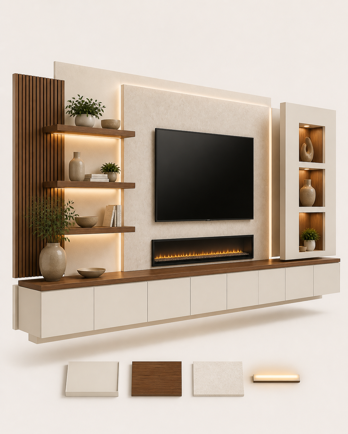 C-Series architectural media wall concept showing integrated cabinets, open shelves, display niches, TV zone, fireplace, and material samples