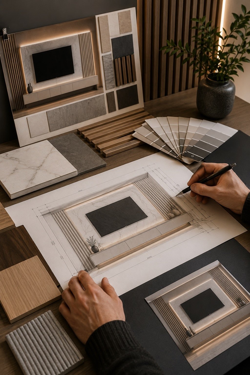 Designer developing an A Series media wall with architectural drawings, wood samples, paint colors, panel finishes, and lighting details