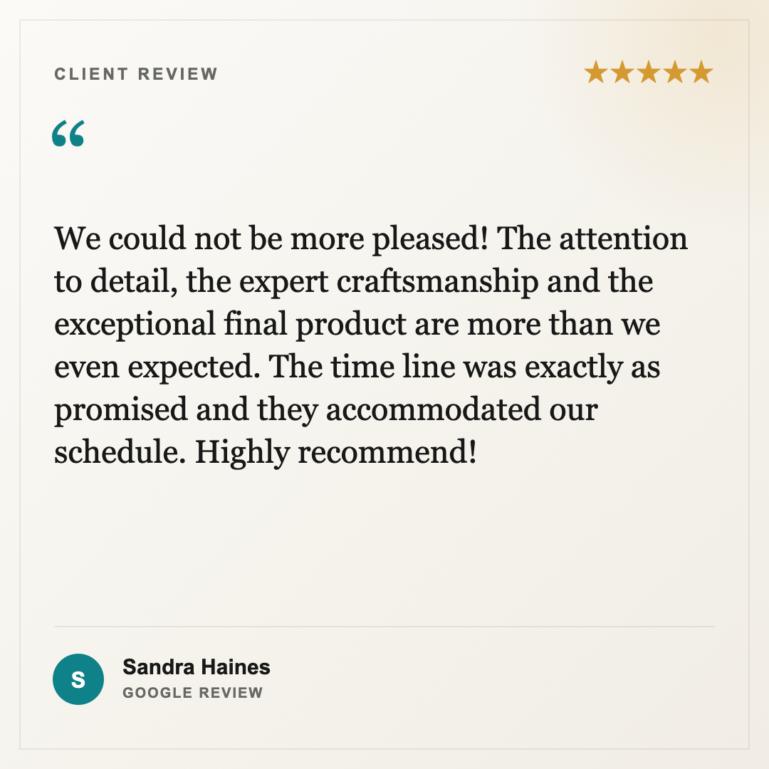Customer review with five-star rating for a service or product, featuring a positive testimonial about attention to detail, craftsmanship, punctuality, and high recommendation, written by Sandra Haines.