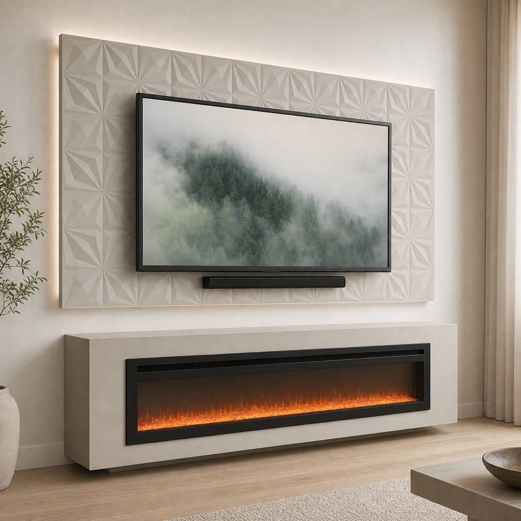 F1-001 Cinema Fireplace Media Wall with a floating decorative TV panel and separate linear fireplace box.