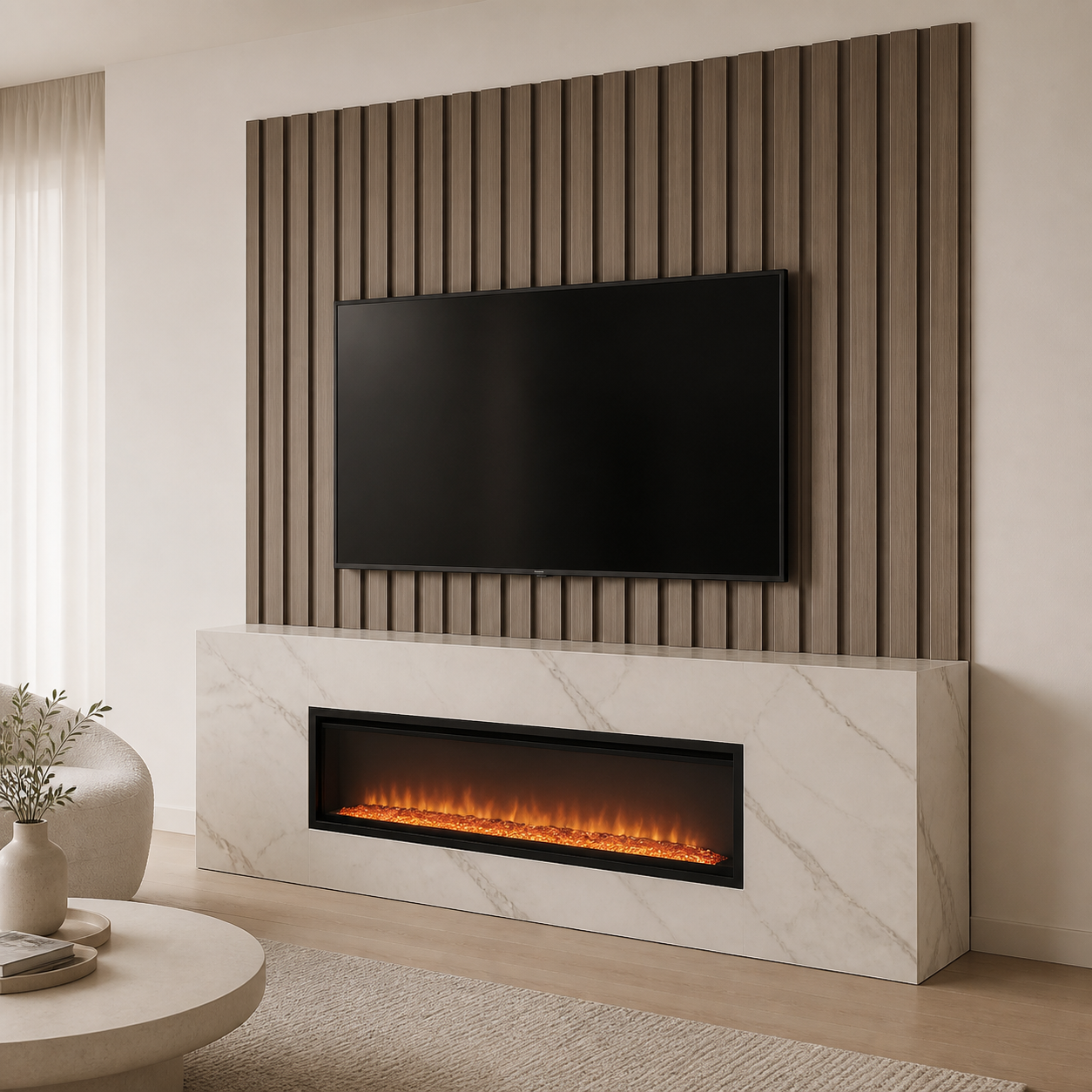 Connected Decorative Panel Fireplace Media Wall with a slatted TV backdrop and light marble-look fireplace box
