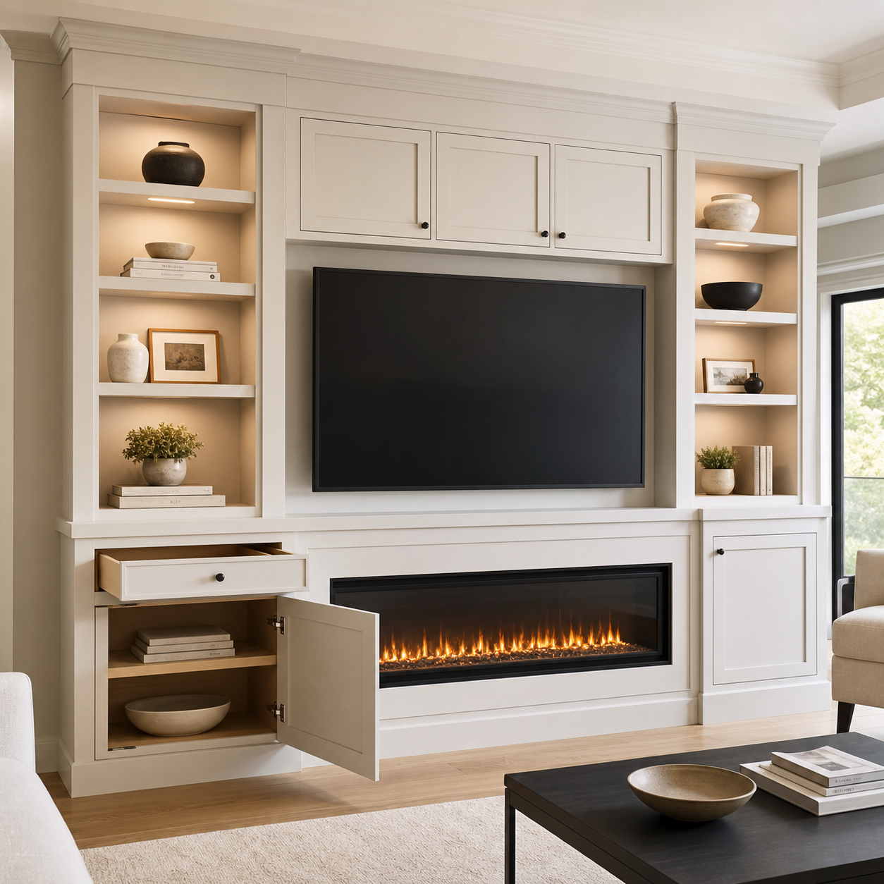 Custom media wall with painted MDF cabinetry, cabinet-grade plywood interiors, illuminated shelving, and an electric fireplace