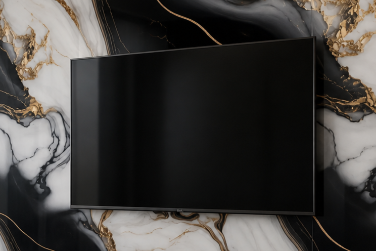 A flat-screen TV mounted on a marble wall with black, white, and gold patterns.
