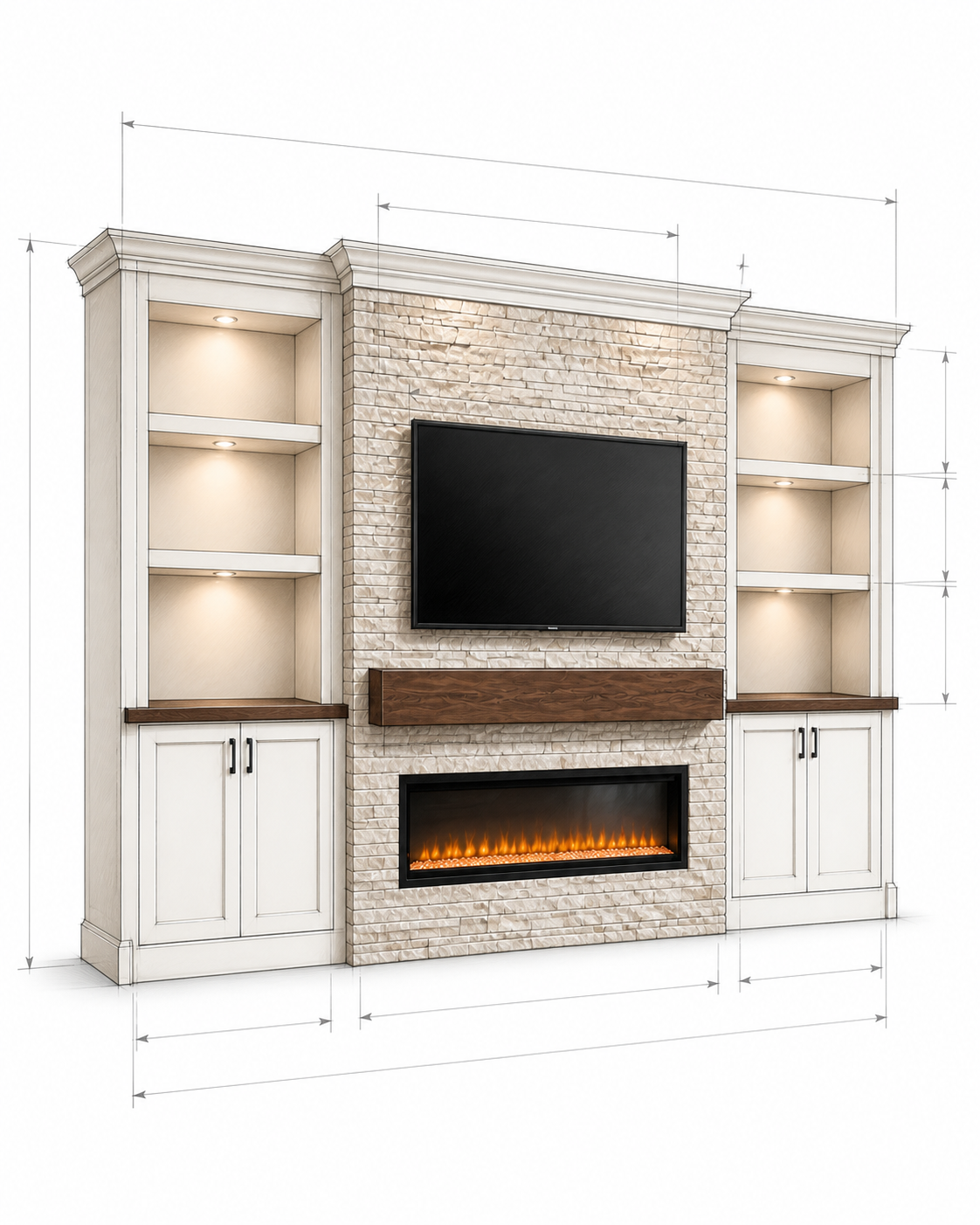 Architectural customization sketch of the C3-002 stone built-in entertainment center with TV, fireplace, mantel, cabinets, illuminated niches, and dimension lines