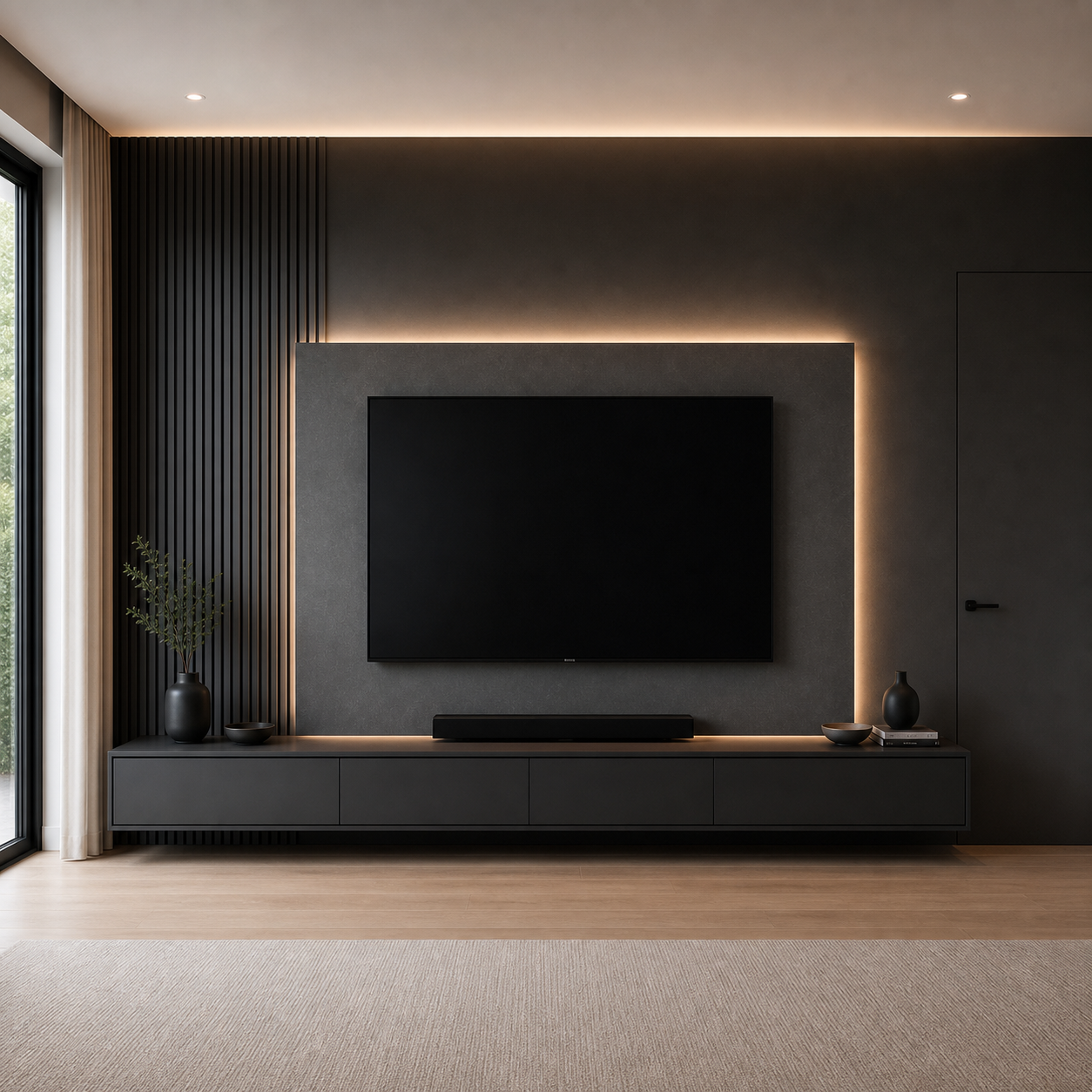 A-003 modern dark TV wall with vertical slats, illuminated panel, and floating cabinet