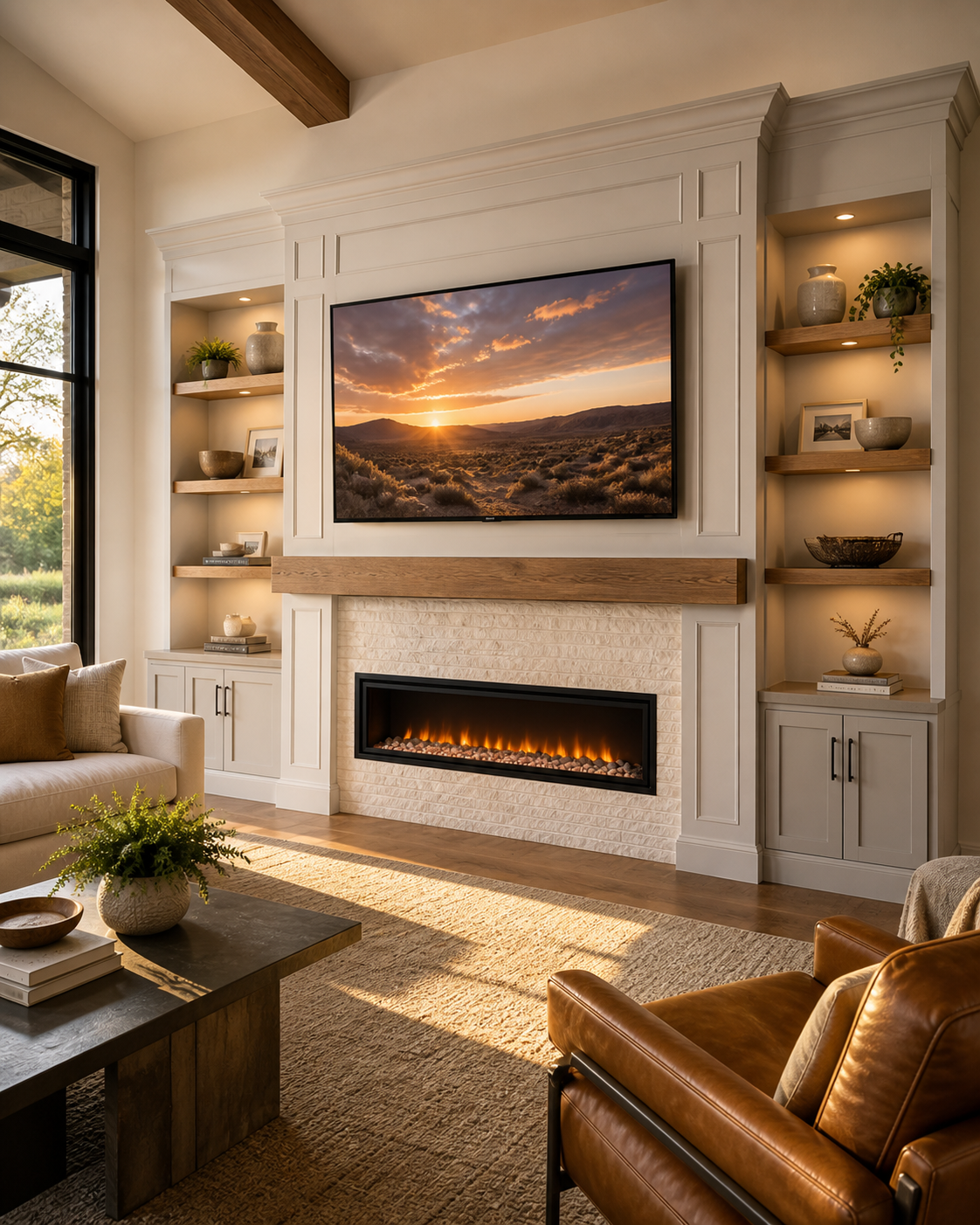 Living room with a fireplace and a large television showing a sunset over a mountain landscape, surrounded by built-in shelves with decorative objects, a beige sofa, a leather armchair, and a coffee table with a plant in a vase.