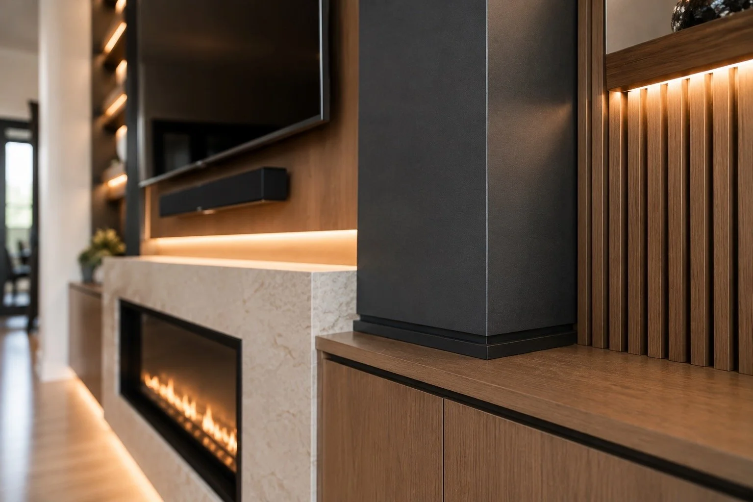 close up detail of custom media wall finish carpentry and LED lighting
