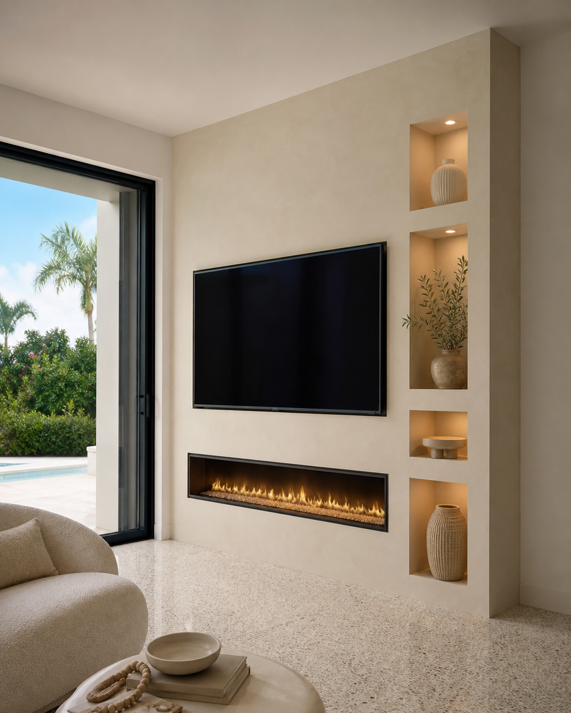 Living room with a sliding glass door, wall-mounted TV, and modern electric fireplace below it. Built-in wall niches with decorative vases and a plant. Outside view of palm trees and a pool.