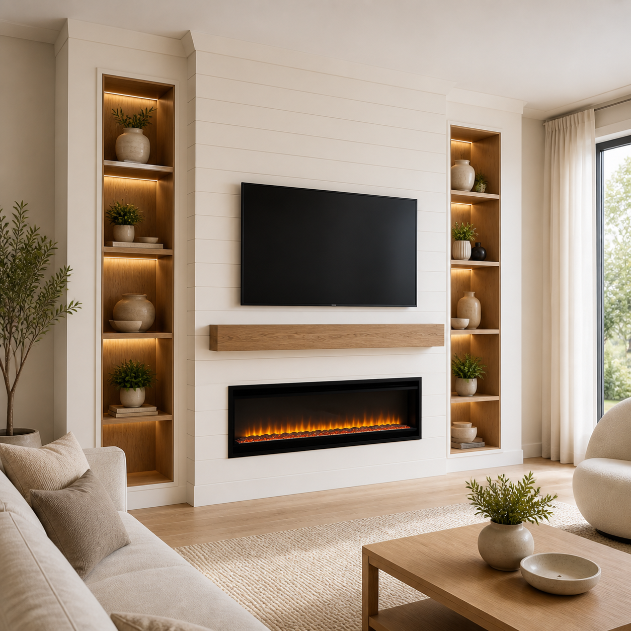 C2-002 layered shiplap fireplace media wall with a projecting central built-out and recessed niches