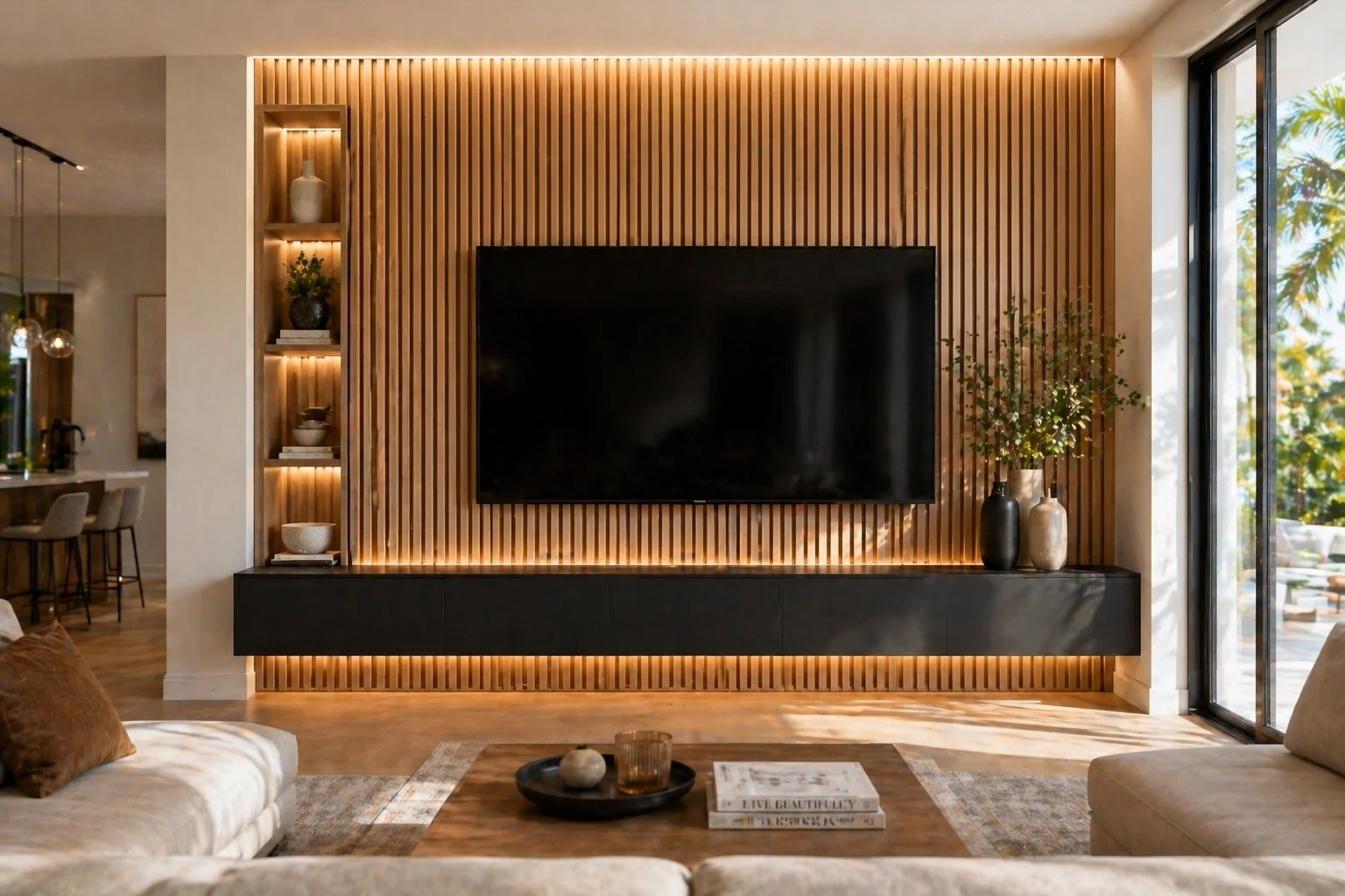 modern TV wall with vertical wood slats and floating cabinet