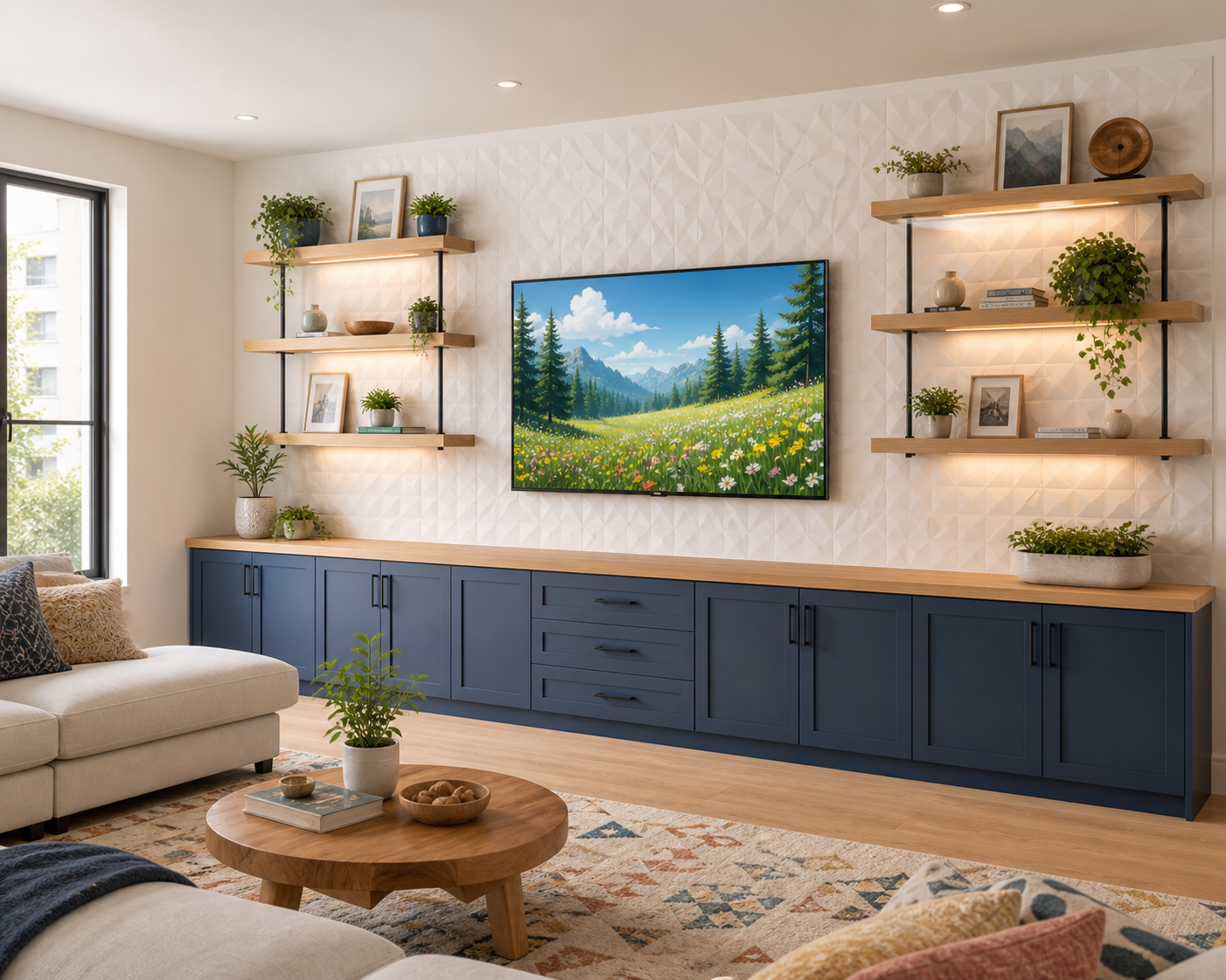 Living room with a wall-mounted flat-screen TV displaying a mountain landscape, beige sofa, wooden coffee table, blue cabinetry below TV, and shelves with potted plants and framed pictures, illuminated by natural light from a nearby window.