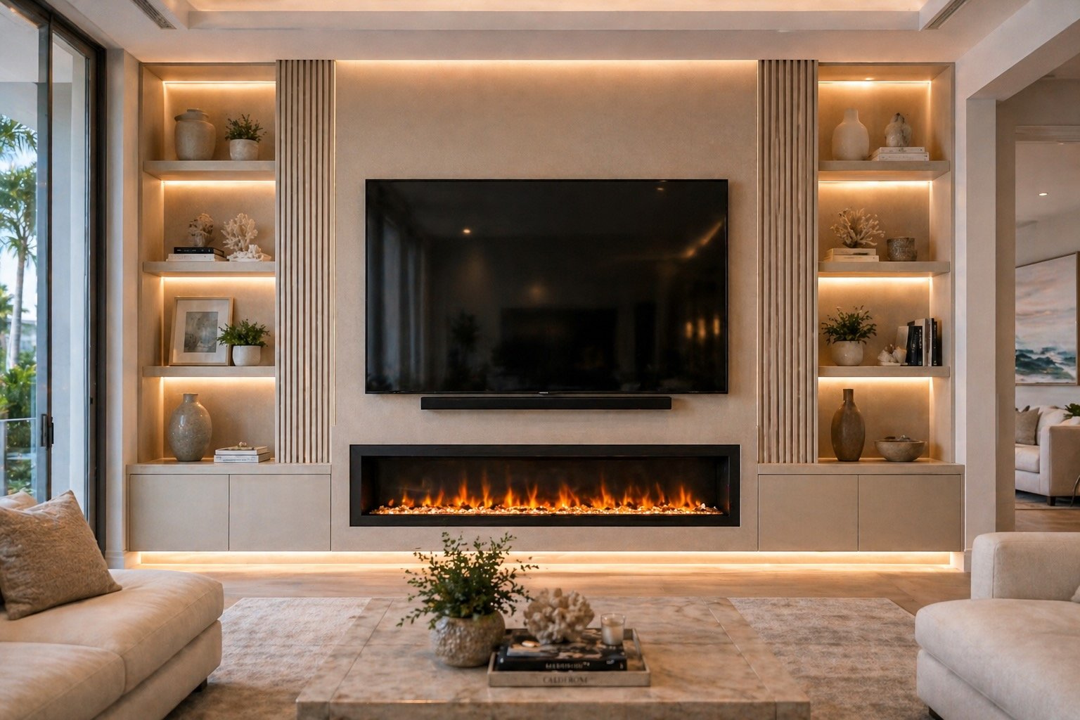 modern fireplace media wall with 85 inch TV and LED lighting in Florida home