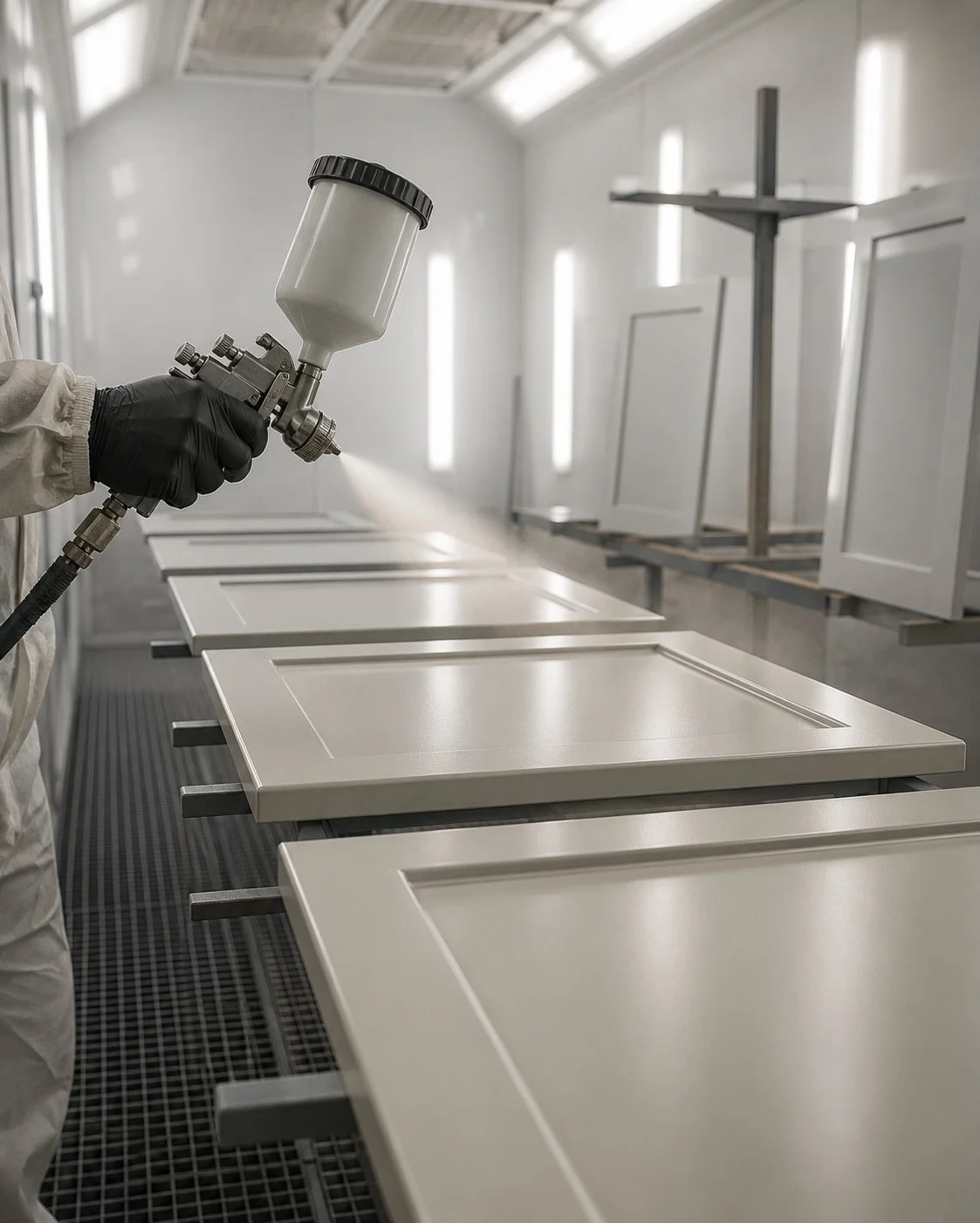 Professional cabinet finishing process using HVLP spray equipment in a controlled paint booth, delivering smooth furniture-grade finishes for custom media walls and built-in cabinetry.