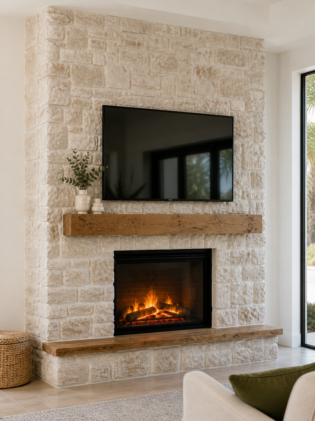 Vertical view of a Stone Fireplace Media Wall highlighting large Rough Cut Stone veneer, mortar joints, oak mantel, and traditional electric fireplace