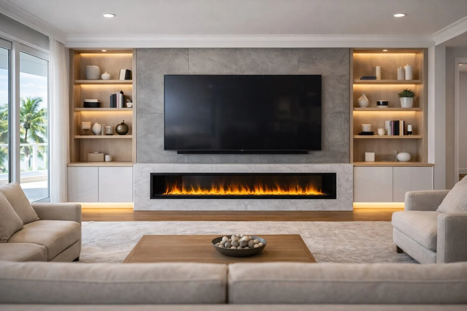 modern fireplace media wall with concrete panels and 85 inch TV in Florida great room