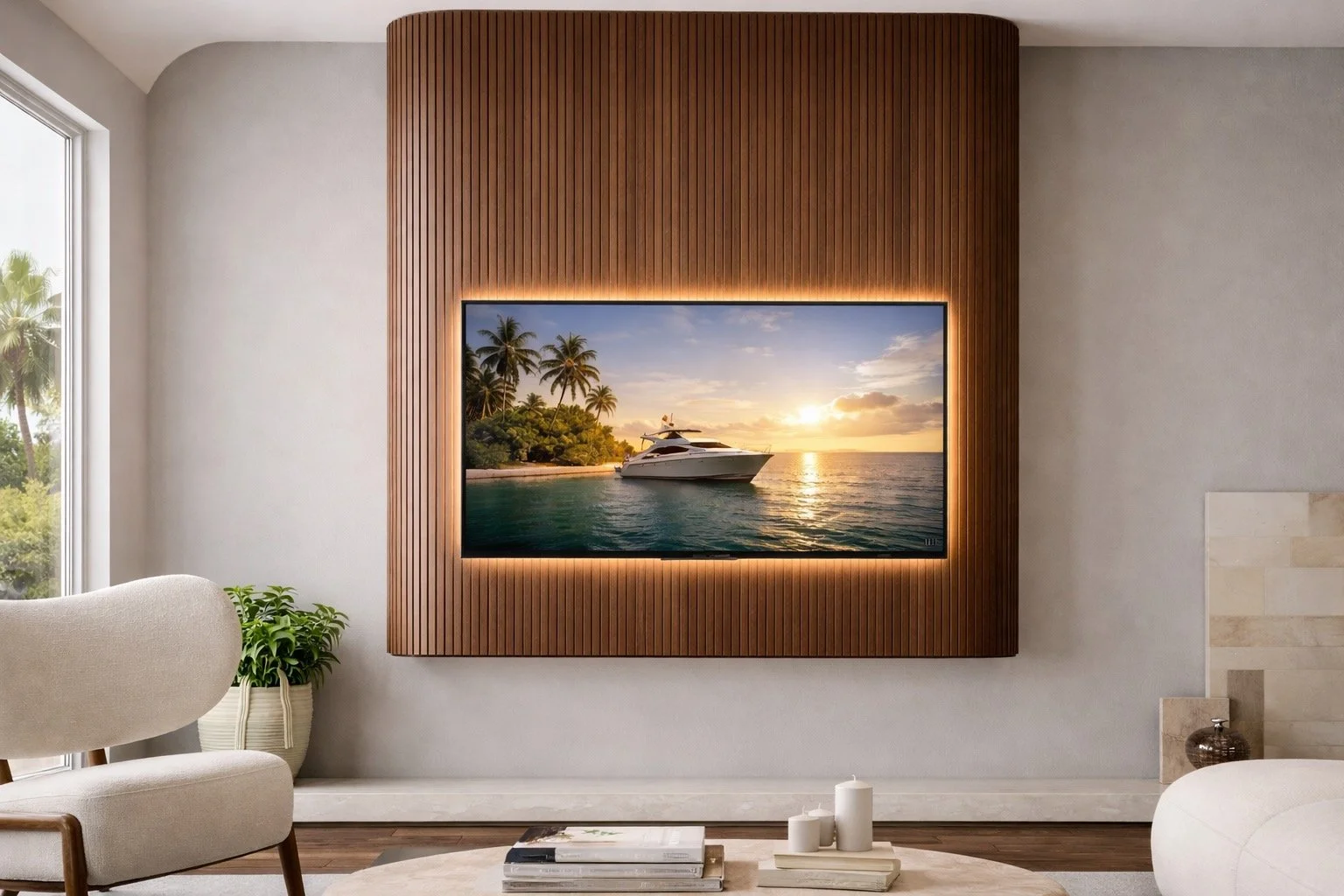 Living room with a wall-mounted flat-screen TV showing a yacht near a tropical island during sunset, surrounded by wooden paneling and light-colored walls.