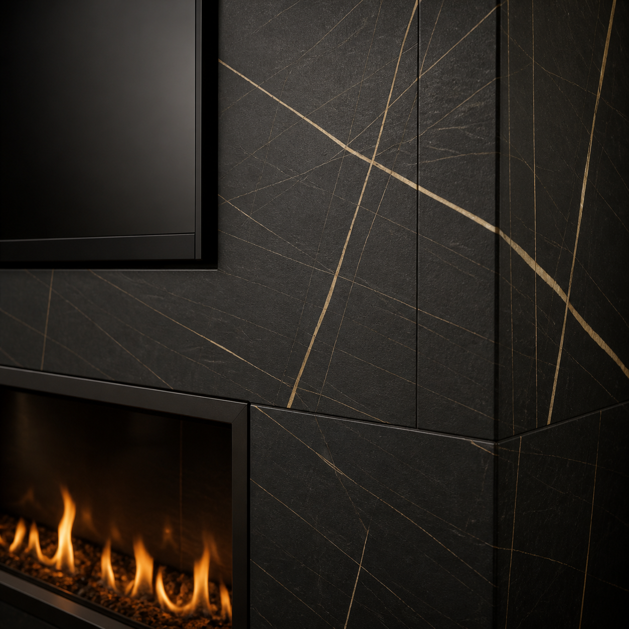 Black marble-look decorative panels with fine gold veining surrounding an integrated TV and fireplace