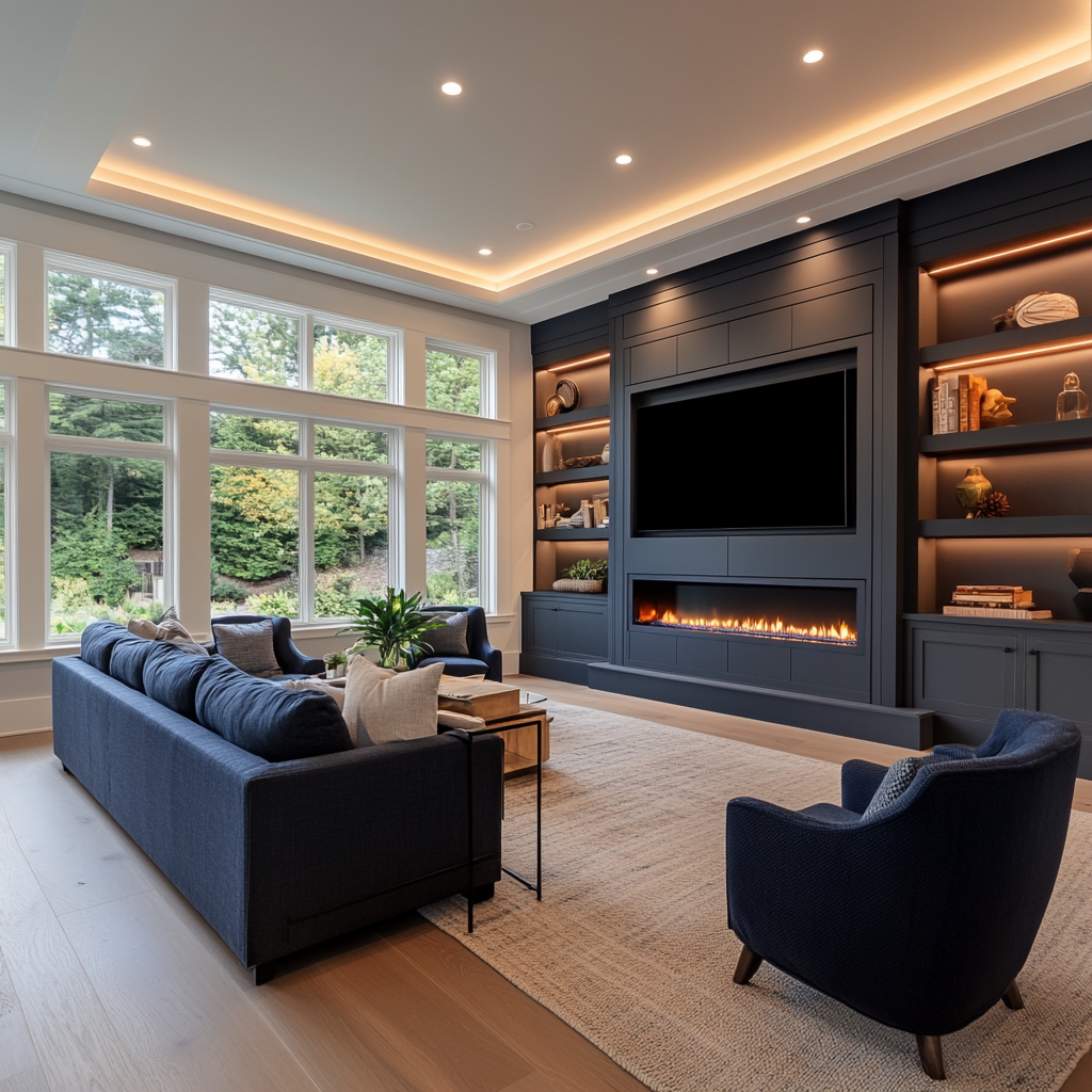 Dark blue built-in media wall with a mounted TV, linear fireplace, illuminated shelves and closed storage cabinets.