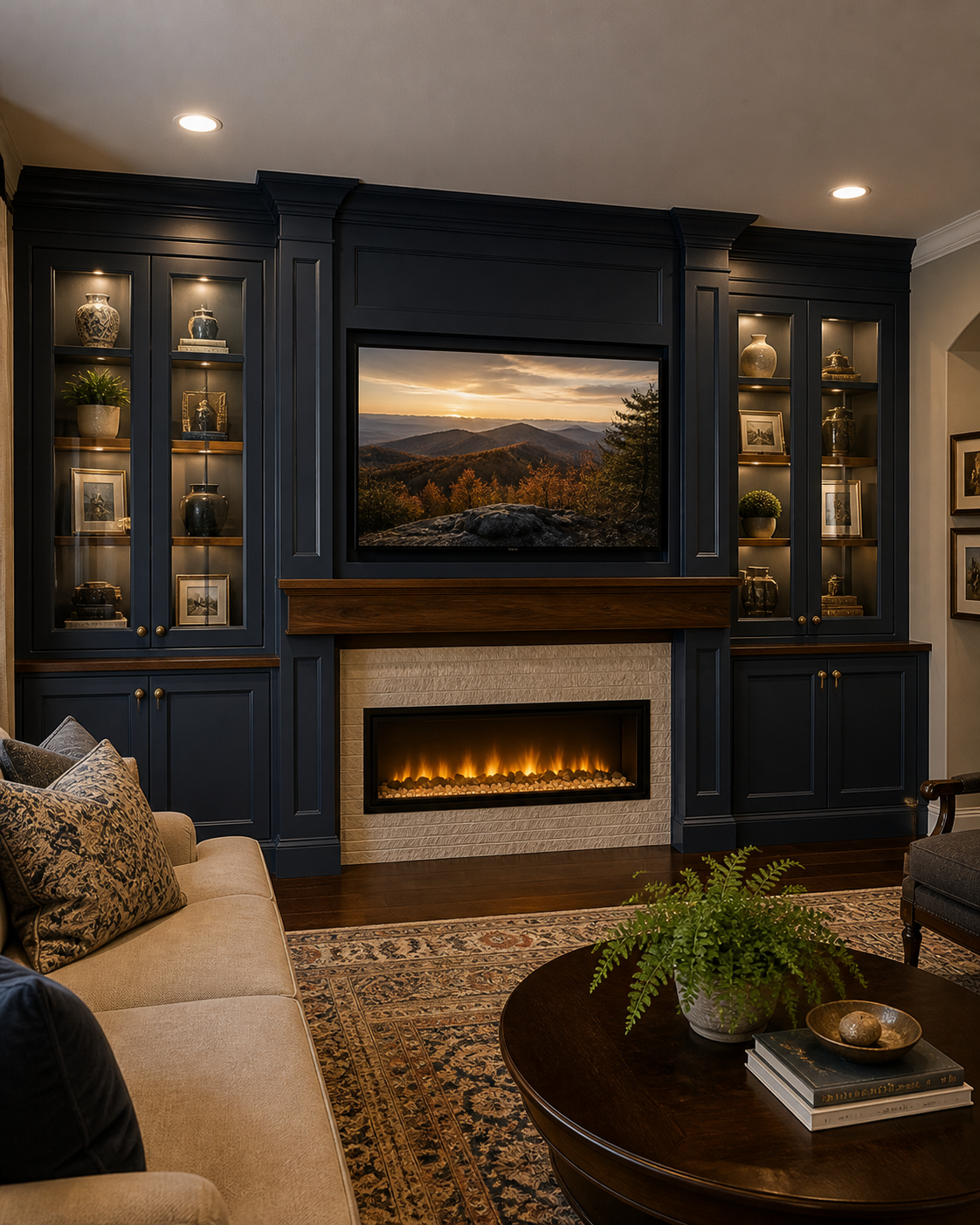 Living room with blue built-in shelves, a fireplace, and a large wall-mounted TV displaying a mountain landscape at sunset.