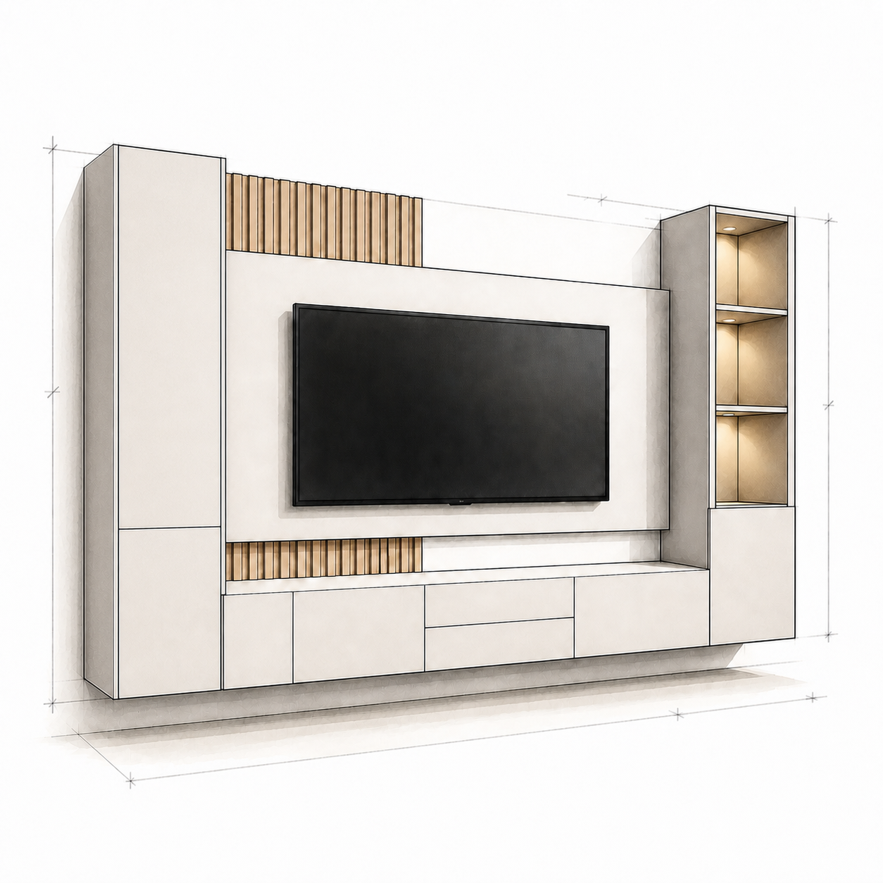 Architectural sketch of a floating media wall with one closed storage tower and one illuminated open-niche tower