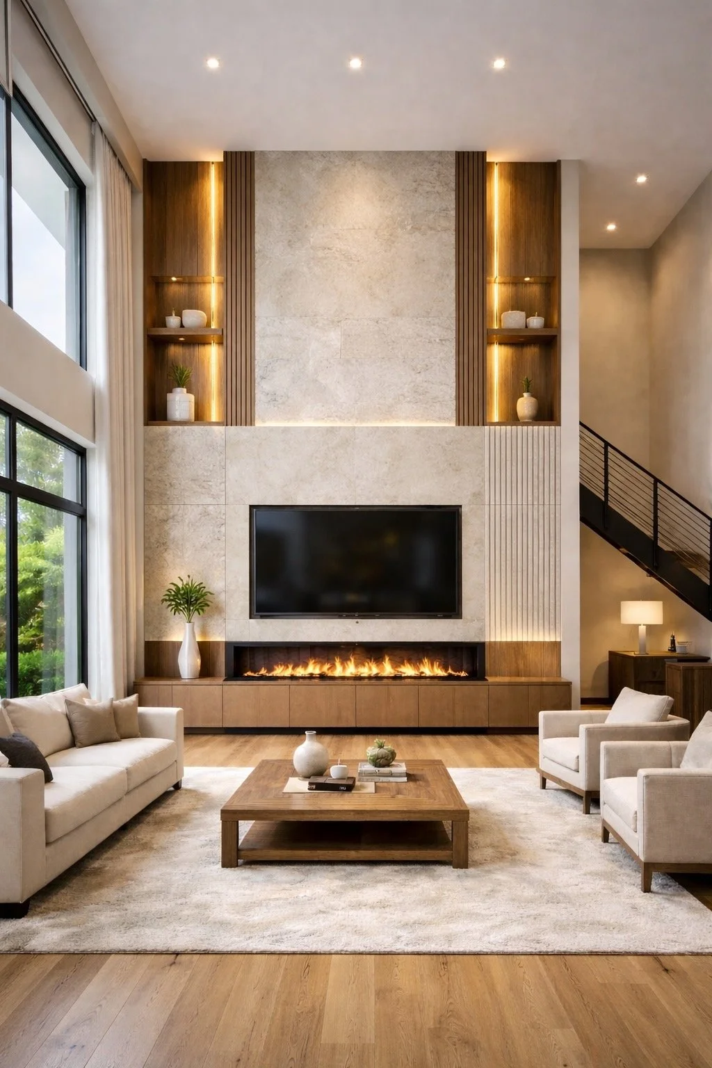 Double height media wall with two level architectural design for cathedral ceiling living room