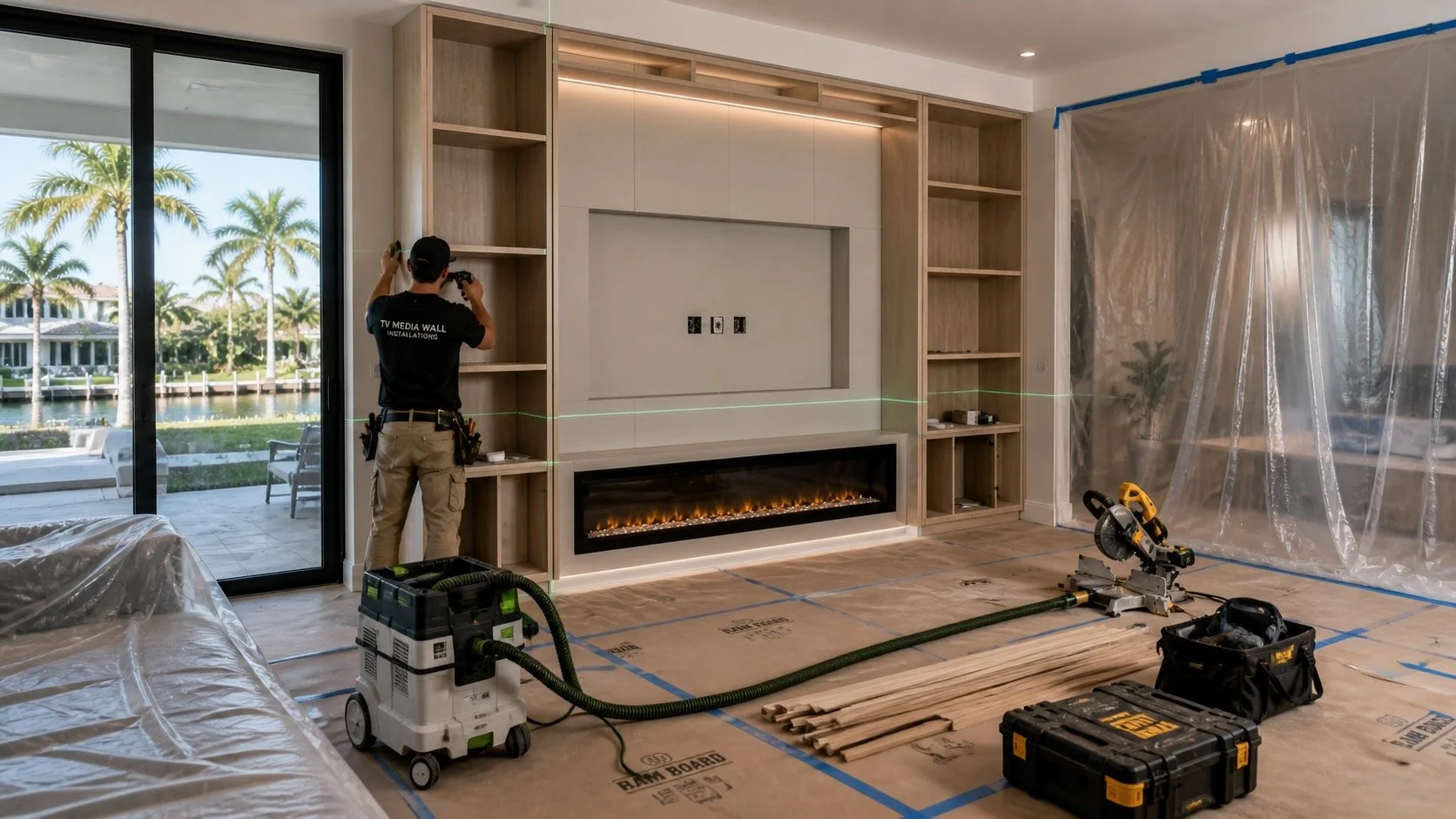 media wall installation with dust protection floor covering and professional tools