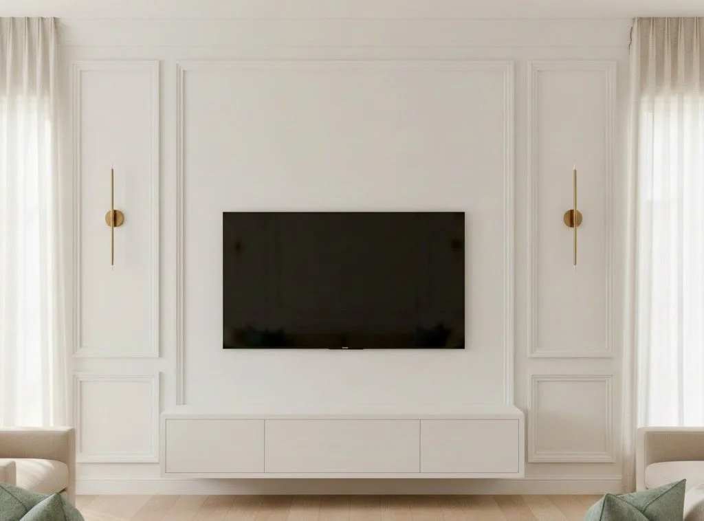 Modern living room with a wall-mounted flat-screen TV, white built-in cabinetry, and two gold wall sconces on either side.