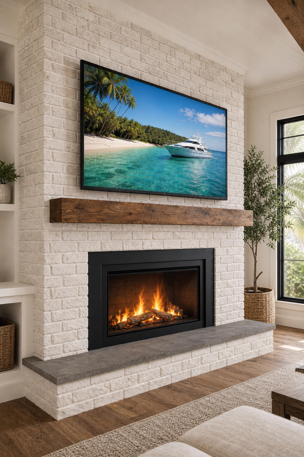 Vertical Brick Fireplace Media Wall showing whitewashed running-bond brickwork, mortar joints, wood mantel, integrated TV, electric fireplace, and raised hearth
