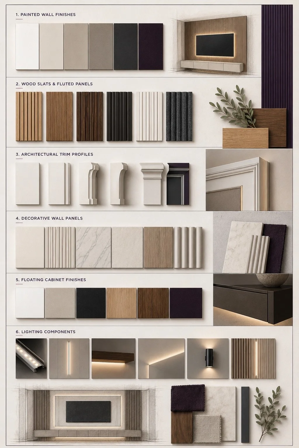 A Series media wall materials board with painted finishes, wood slats, trim profiles, decorative panels, cabinet finishes, and lighting components