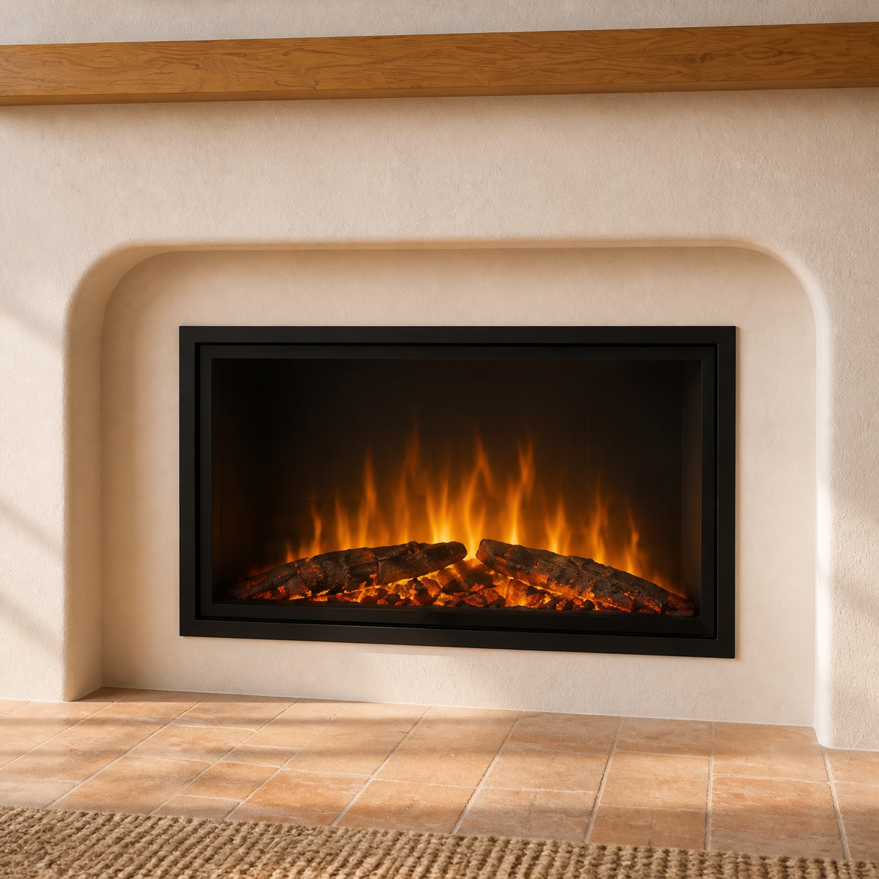 Traditional electric fireplace integrated into a softly rounded warm plaster surround