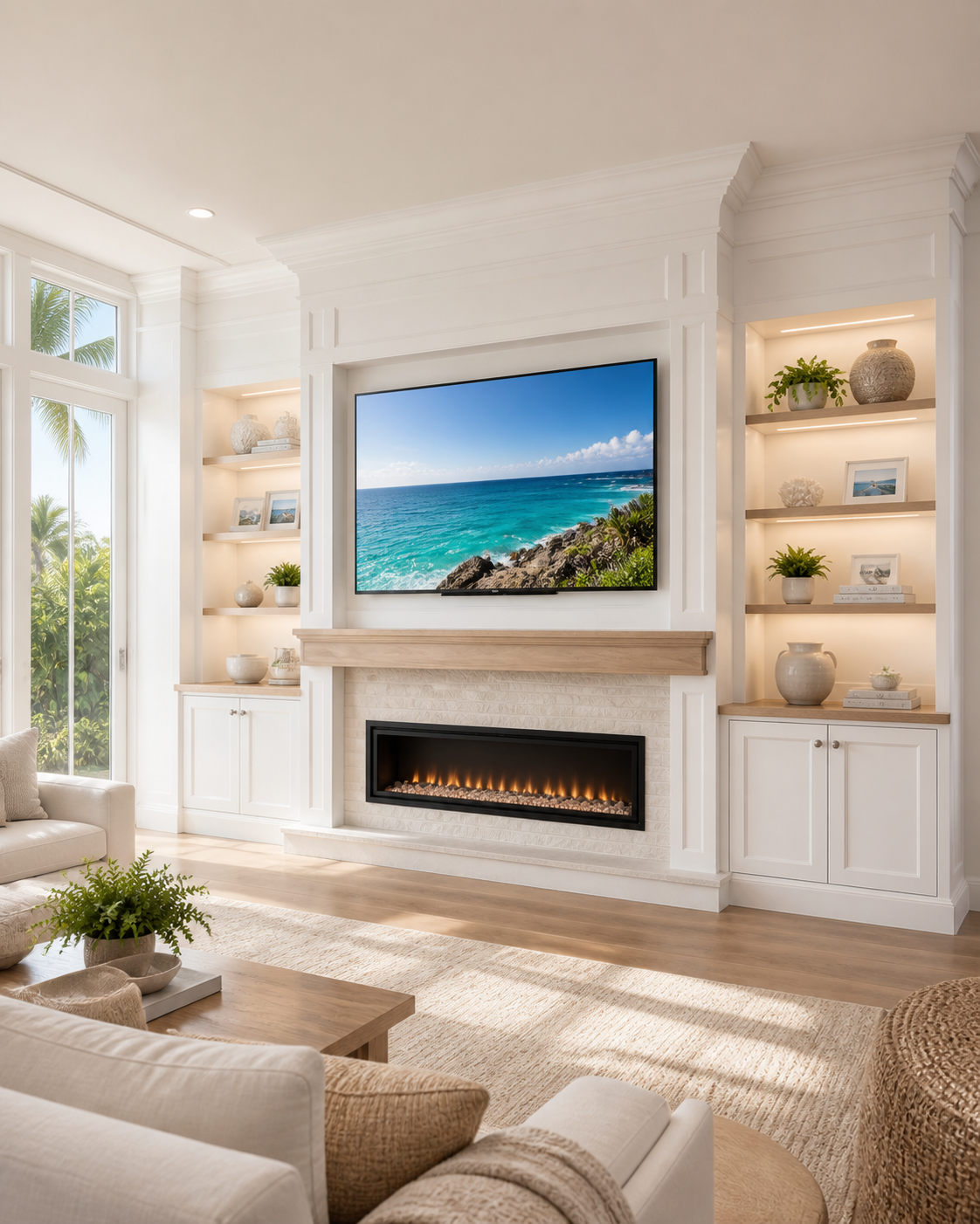 Living room with a large flat-screen TV displaying an ocean scene, built-in white shelves with decor and books, a fireplace, beige furniture, a wooden coffee table with plants, and sunlight coming through large windows.