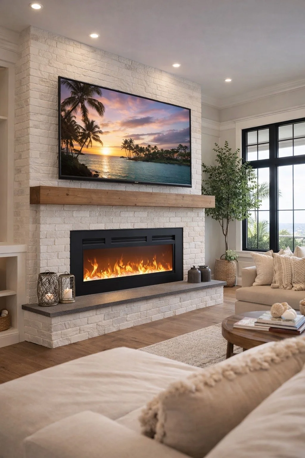 Living room with a modern white brick fireplace, a flat-screen TV showing a tropical sunset scene, and a cozy beige armchair with cushions near large windows with black frames and greenery outside.