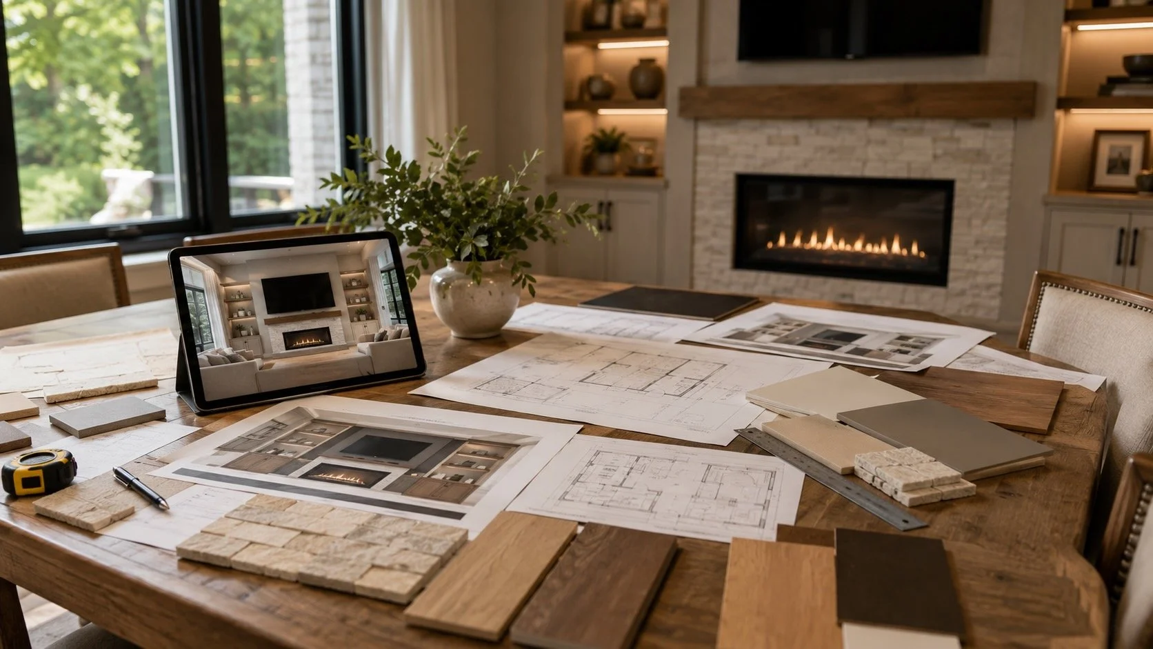 Media wall project planning session featuring architectural drawings, fireplace elevations, material samples, wood finishes, stone selections, and digital renderings displayed during a residential design consultation.