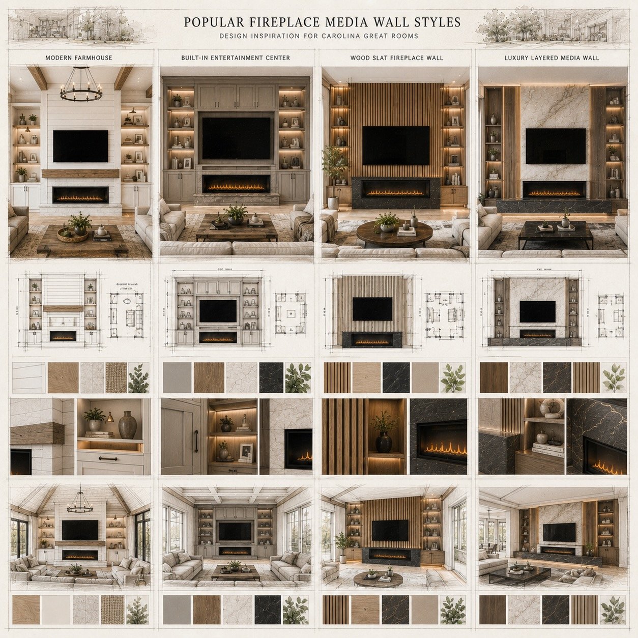modern farmhouse, built-in entertainment center, wood slat, and luxury fireplace media wall styles