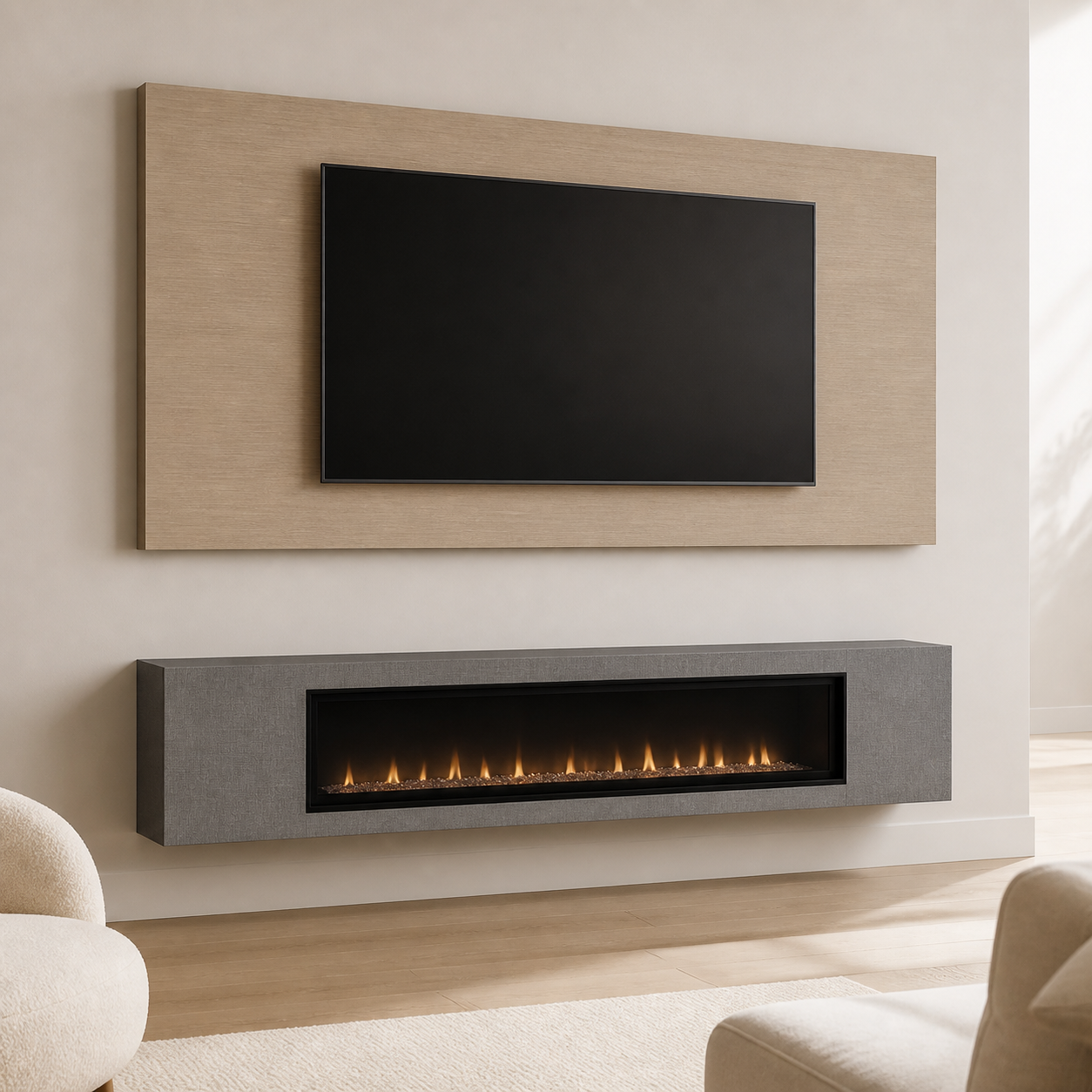 Floating Decorative Panel Fireplace Media Wall with a light wood-look TV panel and gray stone-look fireplace box