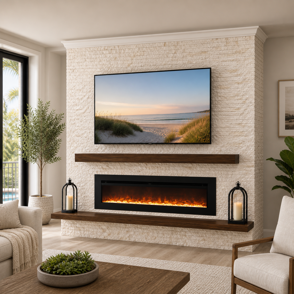 Ledger Stone Fireplace Media Wall with layered stone, dark wood mantel, integrated TV, and linear electric fireplace