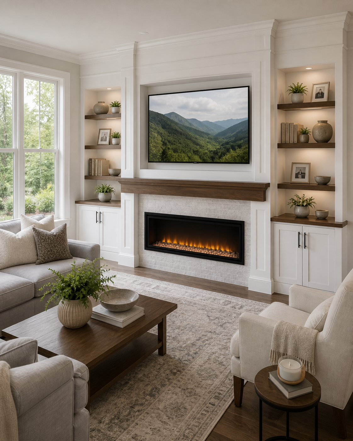 Living room with fireplace, wall-mounted TV displaying mountains, beige sofa, armchair with blanket, wooden coffee table with plant, large window with greenery outside, and built-in shelves with plants and photos.